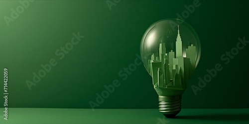 Paper art of cityscape inside light bulb on green background