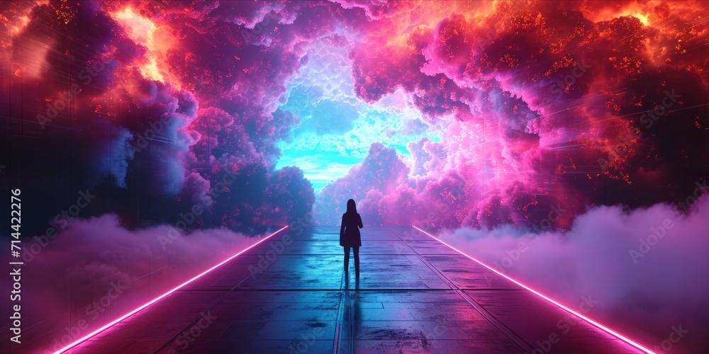 Person facing a vibrant explosion of clouds within a futuristic corridor - obrazy, fototapety, plakaty 