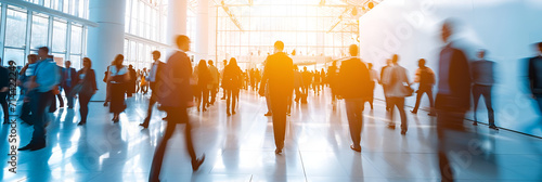 panorama of blurred business people walking at a trade fair, conference or walking in a modern hall, Generative Ai photo