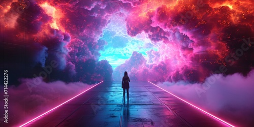 Person facing a vibrant explosion of clouds within a futuristic corridor photo