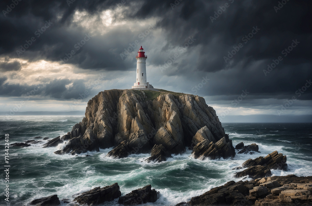 A lone lighthouse perched on a rocky cliff against a stormy seascape