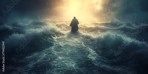 Jesus walks on water across the sea during a storm. Biblical theme concept. Generative Ai
