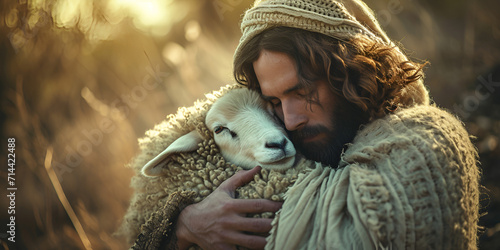 Jesus recovered lost sheep carrying it in his arms. Biblical story conceptual theme. religion, faith concept Generative Ai