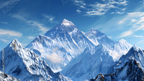 A mountain scene with snow-capped peaks and clear blue skies