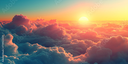 Heavenly sky. Sunset above the clouds abstract illustration. Extra wide format. Hope, divine, heavens concept.