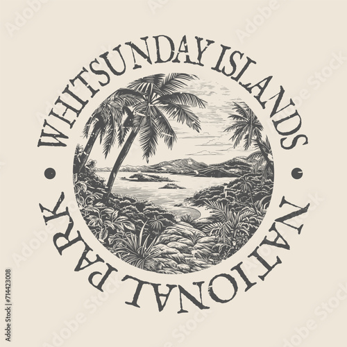 Whitsunday Islands, Australia Illustration Clip Art Design Shape. National Park Vintage Icon Vector Stamp. photo