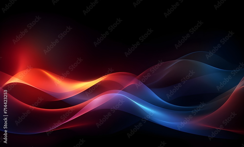 Black abstract background with red, orange and blue wave waves, data visualization, glowing lights, light red and light indigo. Generative AI.