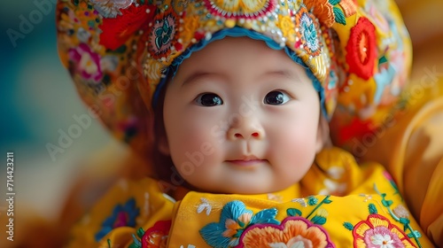 Baby adorned in vibrant AO DAI, Vietnam's national dress