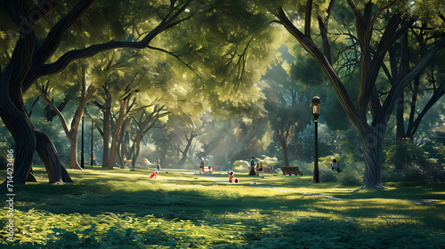 A park scene with playing children and shady trees