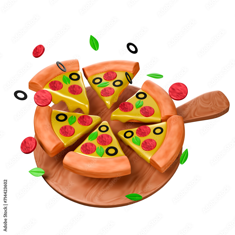Cartoon style pizza 3D rendering on white background have work path.