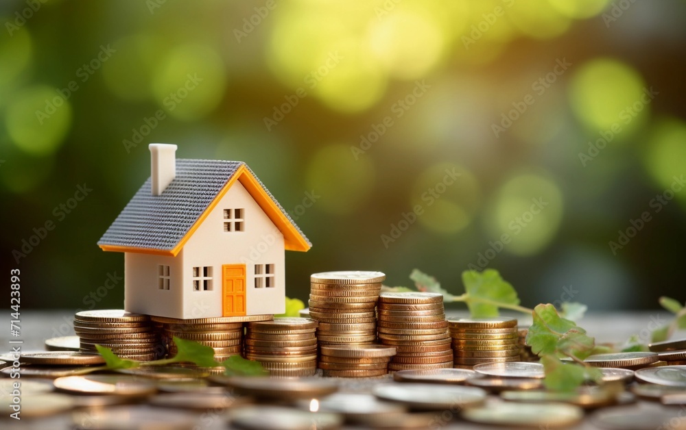 Miniature house on stack of coins used as real estate property and business finance concept Miniature house on stack of coins used as real estate property and business finance concept