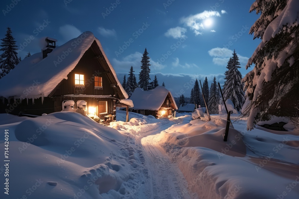 Winter village scene with moonlight and snow