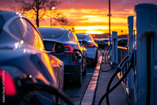 Electric vehicles charging at sunset © ParinApril