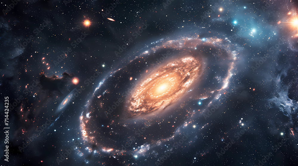 A space scene with distant stars and swirling galaxies