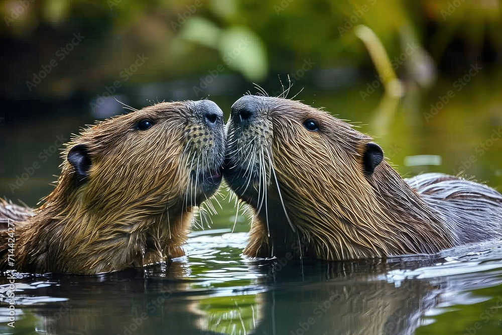 A couple Beaver hugging each other with copy space. A couple Beaver hugging each other with copy space.
