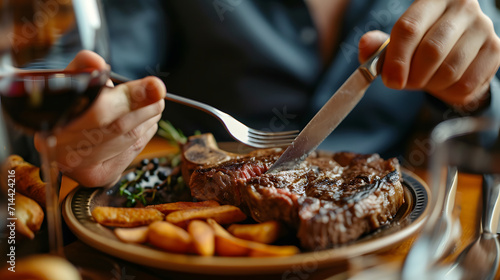 delicious t-bone steak on a plate, close up on man cutting the steak with fork and knife. concept of gourmet high end food. photo