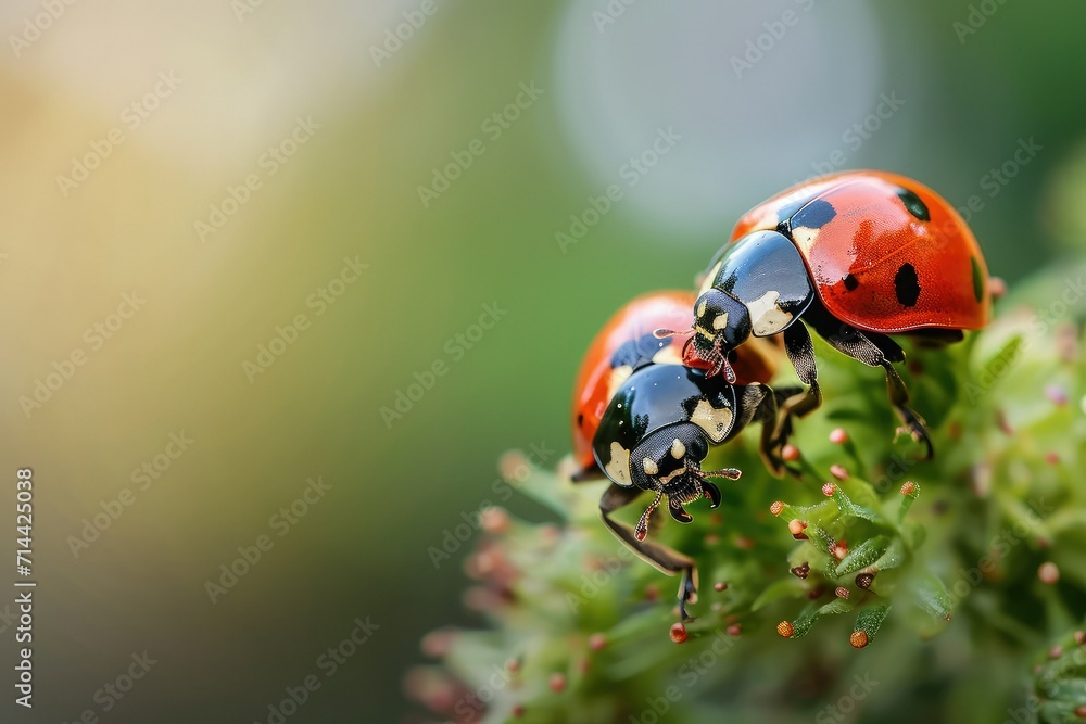Fototapeta premium Lovely couple of ladybug on a leaf with copy space.