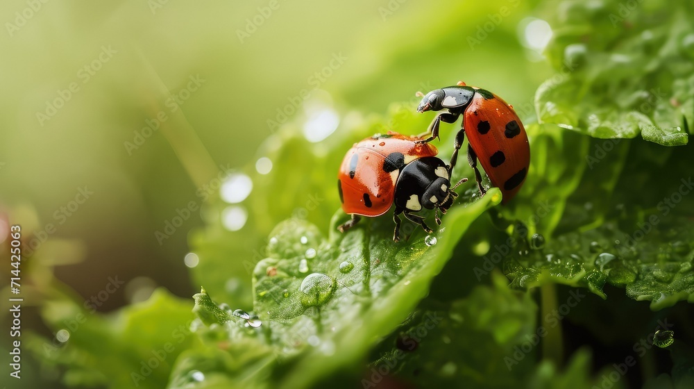 Fototapeta premium Lovely couple of ladybug on a leaf with copy space.