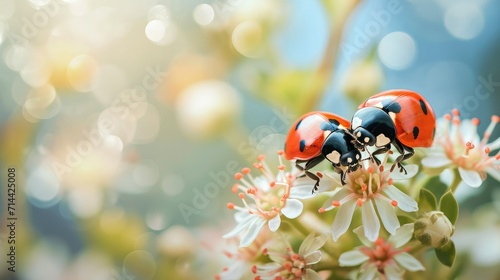 Lovely couple of ladybug on a leaf with copy space.