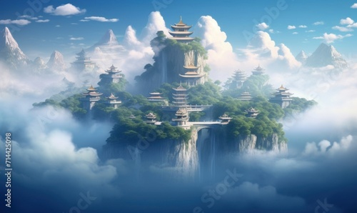 Chinese style Fantasy landscape illustration. Castle and islands floating in the sky  Generative AI 