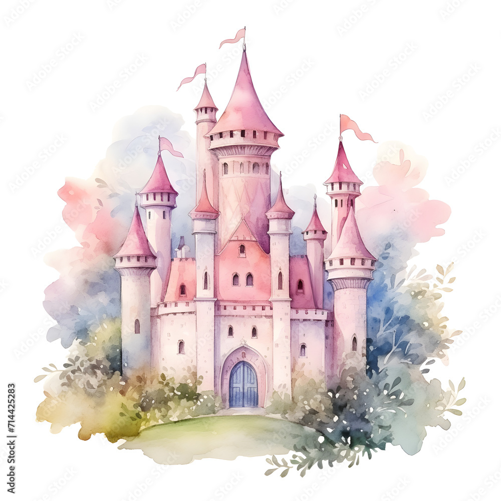 Whimsical Watercolor Castle. A Fairy Tale Painting in Dream, Sparking and Enchanting Imagination. Dreamlike Illustration, Immerse in the Magical Kingdom, Vibrant and Pastel Color of Fantasy.