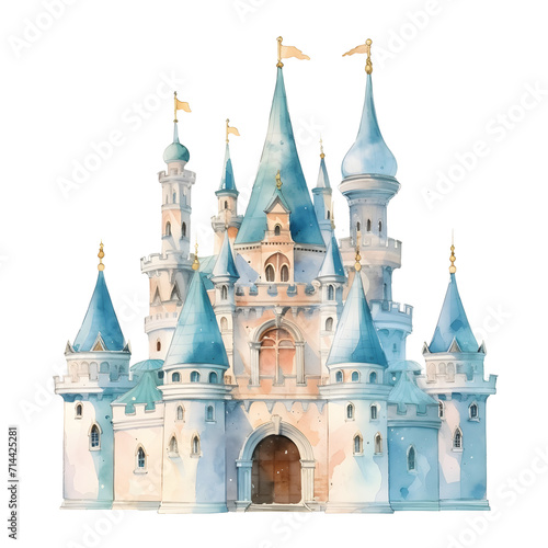 Whimsical Watercolor Castle. A Fairy Tale Painting in Dream, Sparking and Enchanting Imagination. Dreamlike Illustration, Immerse in the Magical Kingdom, Vibrant and Pastel Color of Fantasy.