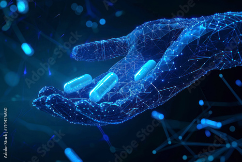 Abstract blue giving hand with flying medical capsules. Low poly style design. Availability of medicines concept. Modern 3d graphic geometric background. Wireframe light connection structure. photo
