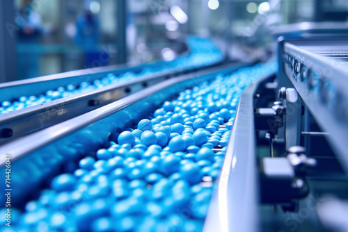 Blue Capsules are Moving on Conveyor at Modern Pharmaceutical Factory. Tablet and Capsule Manufacturing Process. Close-up Shot of Medical Drug Production Line.