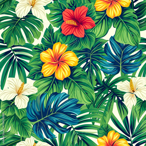 Seamless Tile Leaves and Flowers Pattern, AI designed