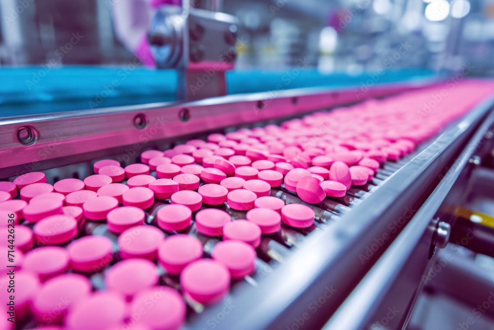 Fototapeta premium Macro Shot of Pink Pills During Production and Packing Process on Modern Pharmaceutical Factory. Medical Drug Manufacturing.