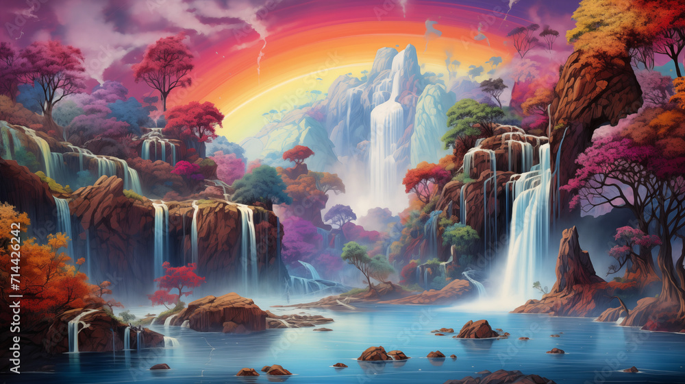 Rainbows and Waterfalls Fantasy Mountains Clouds Mist Fog