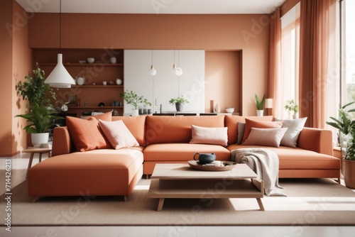 Scandinavian Interior home design of modern living room with orange fabric corner sofa and green plants near the window © Basileus