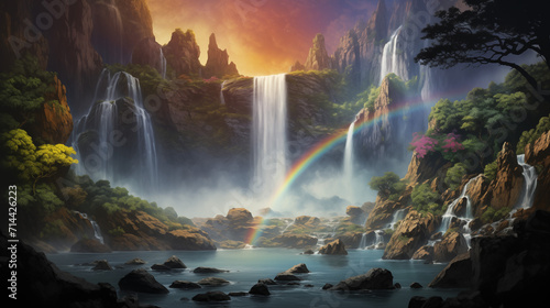 Rainbows and Waterfalls Fantasy Mountains Clouds Mist Fog