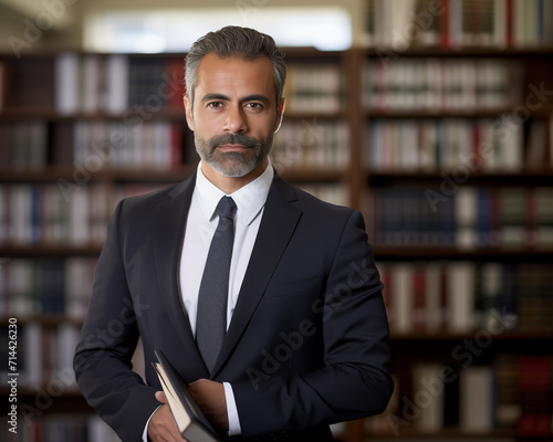 A lawyer in law office setting. He is standing in front of a bookshelf fill with law books. His expression is serious and thoughtful indicative of his experience and expertise. photo