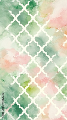 Lattice Pattern in Muted Pastel Greens and Pinks, Watercolor Style Background created with Generative AI Technology