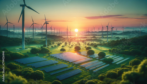 Renewable Energy Landscape at Sunrise. Sunrise view of a sustainable energy farm with wind turbines and solar panels amidst a lush green landscape.Concept eco green renewable energy. Generation AI