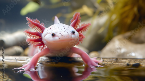 Close-up of a pink cheerful axolotl in its natural underwater habitat with vibrant details