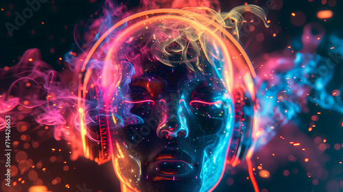 Vivid neon 3d digital art of a human head wearing headphones and listening to music