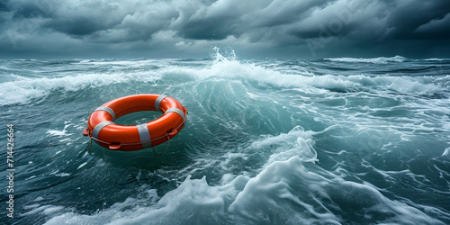Lifebuoy floating on sea in storm weather, World Rescue day, Generative Ai