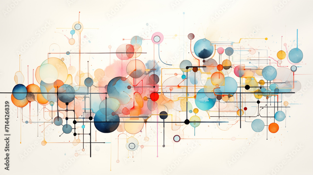 Colorful Watercolor Background Playful Musical Abstract Diagram Lighthearted Dots and Lines Circles