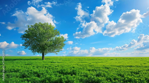 Tree stand on green field background  nature wallpaper for web or banner
