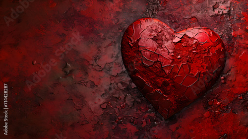 A vibrant red heart, marred by cracks in its carmine paint, stands out in a still life painting, evoking emotions of love and longing on valentine's day through its abstract expression photo