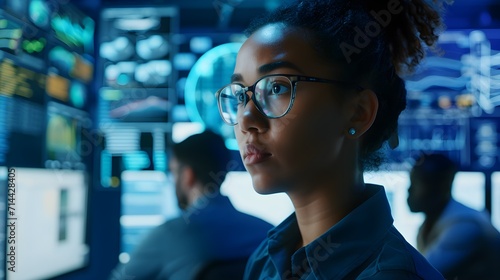A young woman working attentively in a high-tech control room.