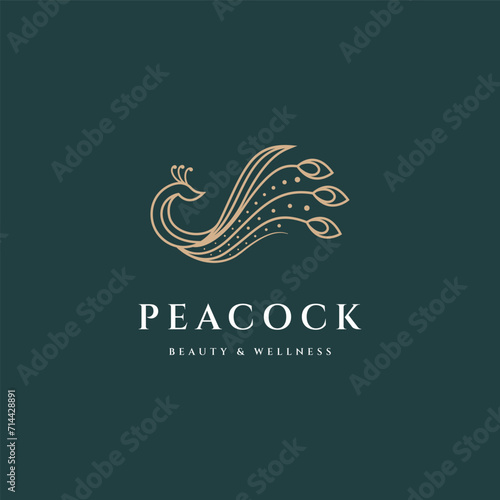 Peacock logo design vector with gold color line style