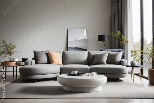 interior home design of modern living room with curved gray sofa and large window