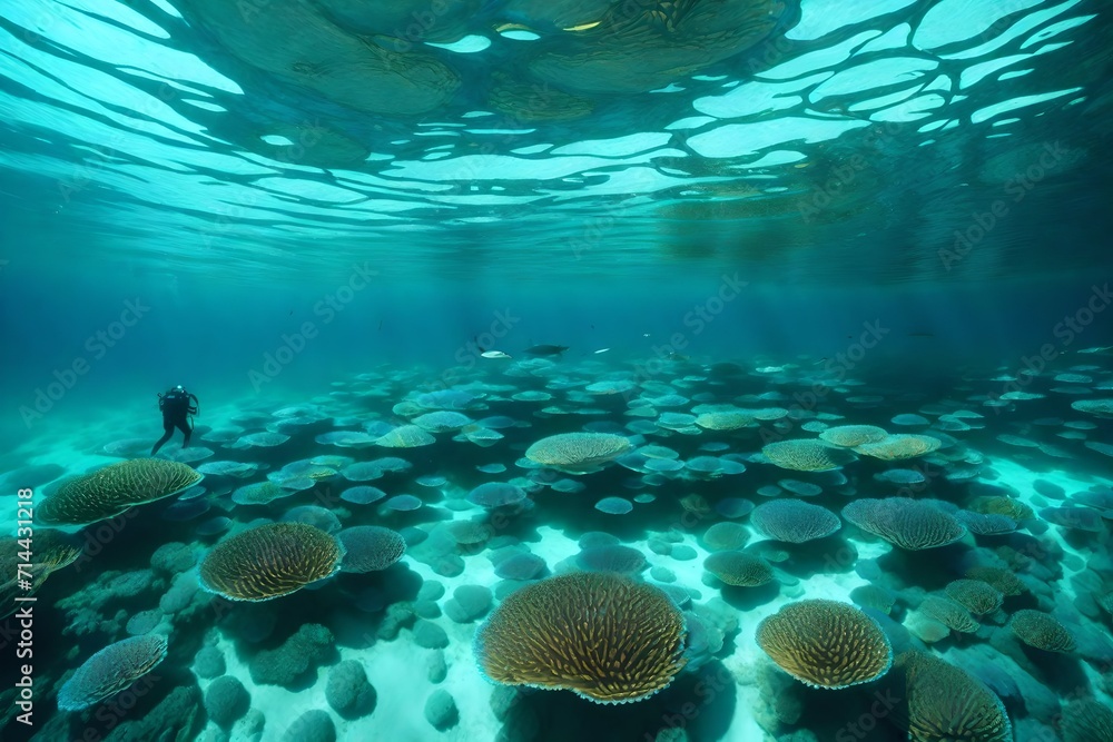 An underwater realm teeming with bioluminescent marine life, showcasing an otherworldly ecosystem beneath the surface of a crystalline ocean.