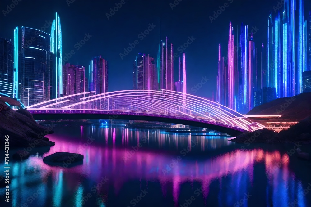 A futuristic cityscape beneath a dazzling display of interconnected holographic bridges, reflecting in the calm waters of a vast artificial lake.