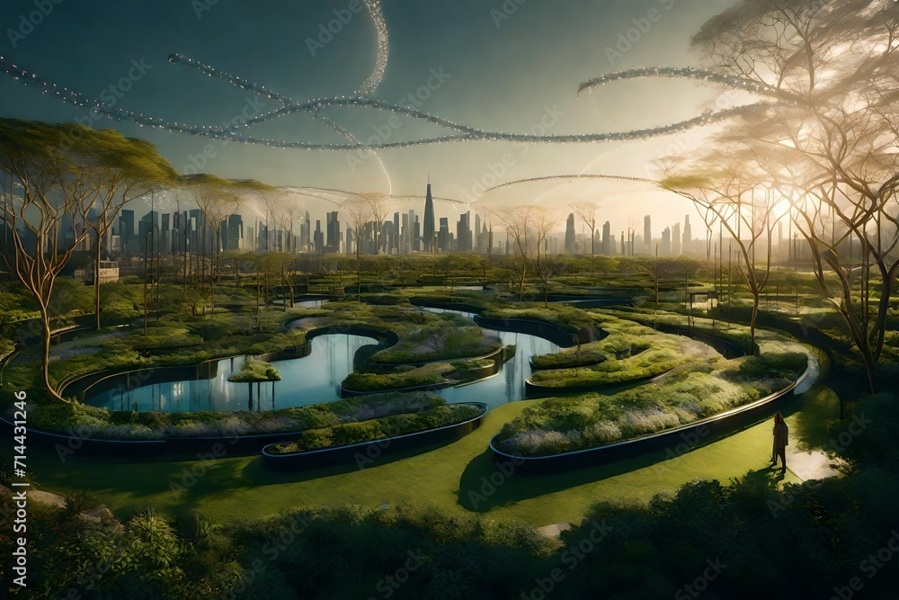 A sprawling network of smart gardens and parks seamlessly integrated into urban landscapes, promoting sustainability.