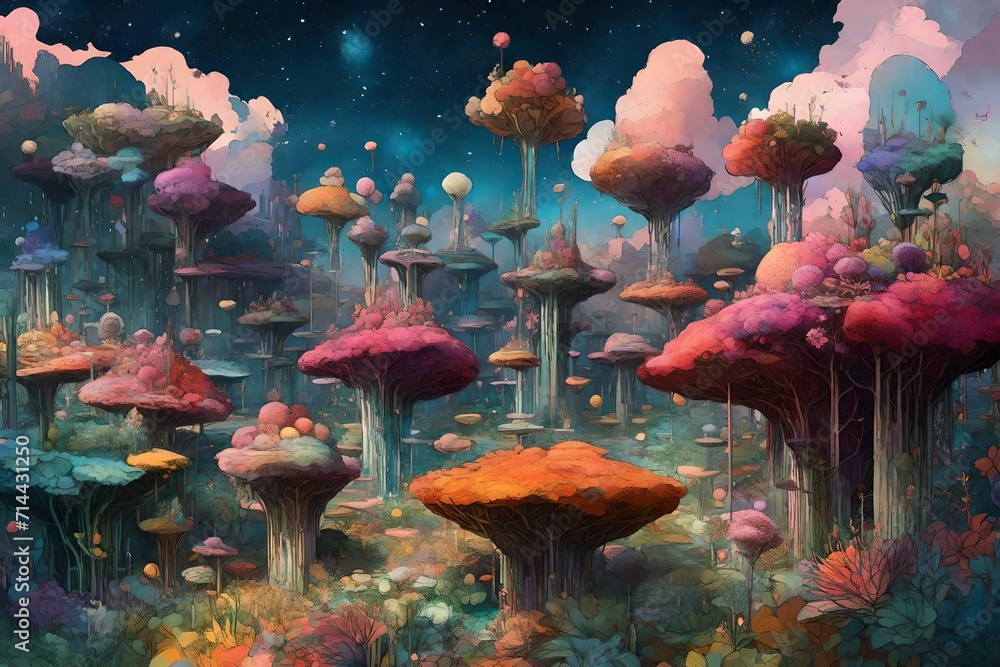 A field of floating islands, each supporting a unique ecosystem of vibrant and fantastical plant life, hovering in a dreamlike sky.