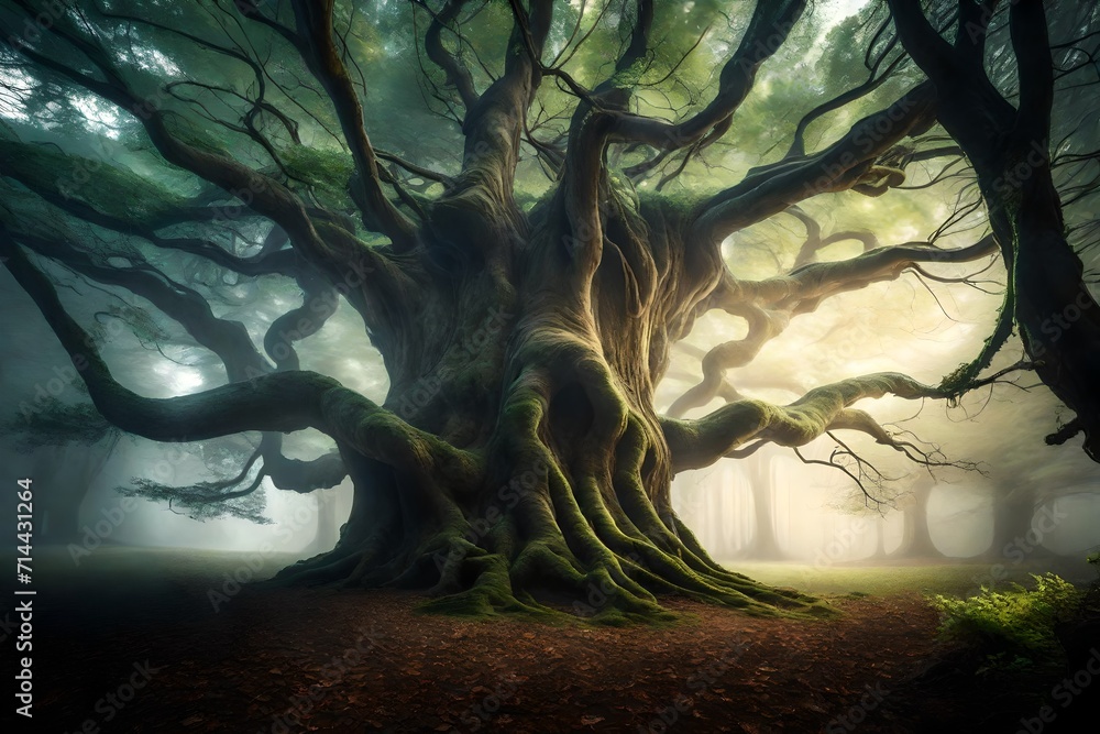 A colossal, ancient tree standing alone in a mystical forest, its branches reaching towards the sky as ethereal lights dance around its intricate canopy.